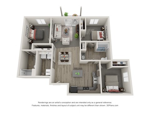 Floor plan for 3 beds, 2 baths, 1154 sqft